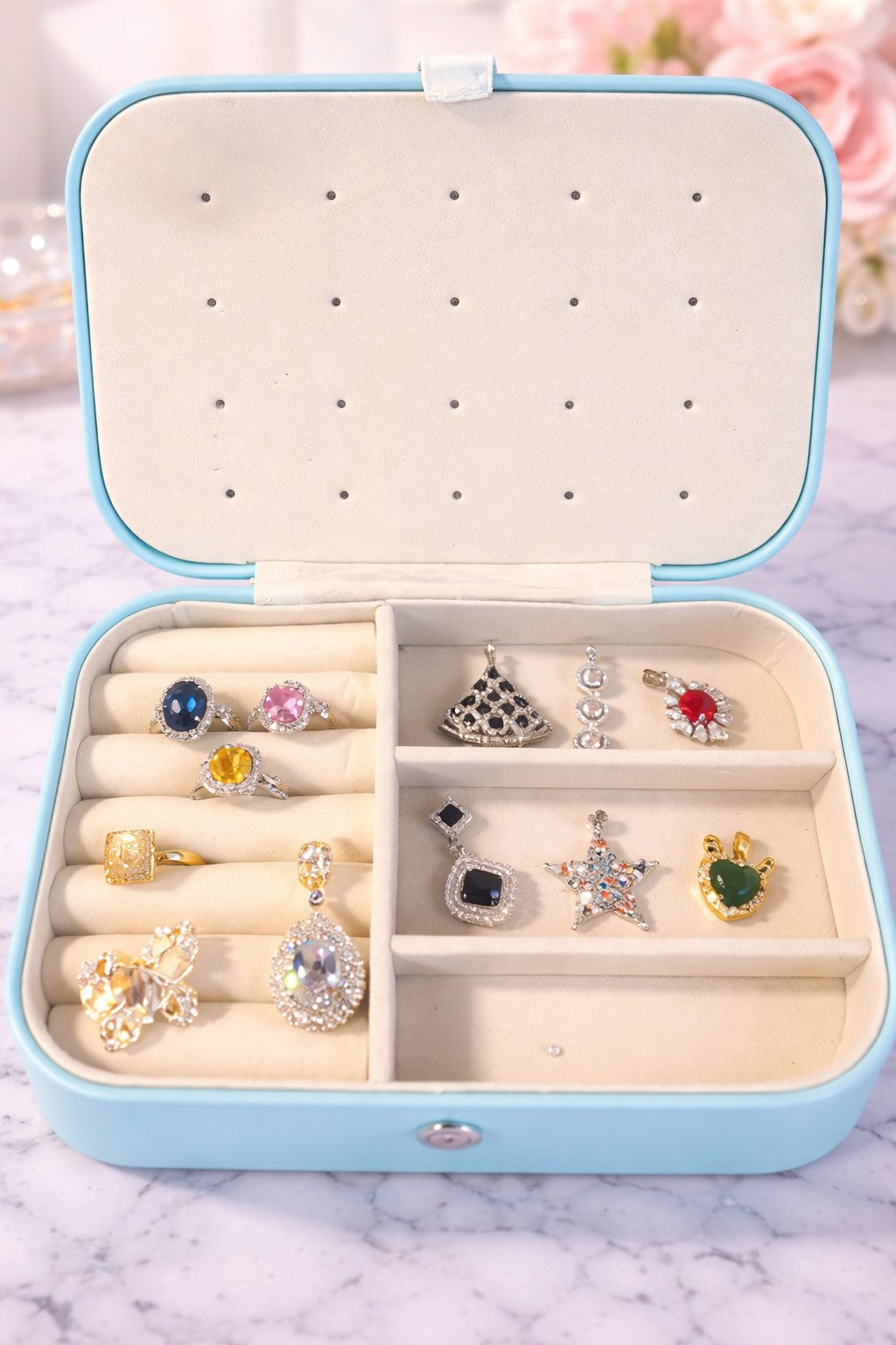 Elegant jewelry arrangement in case