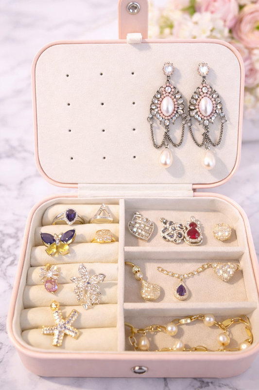 Elegant jewelry arrangement in case