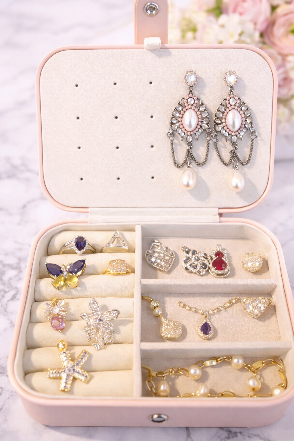 Elegant jewelry arrangement in case